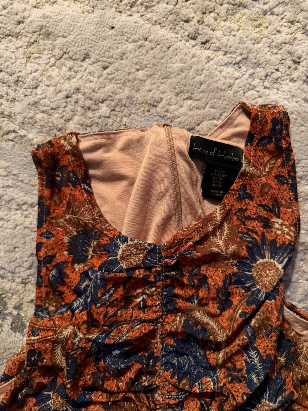 House of Harlow 1960 Rust Orange Floral Midi Dress with Navy and Brown Accents
